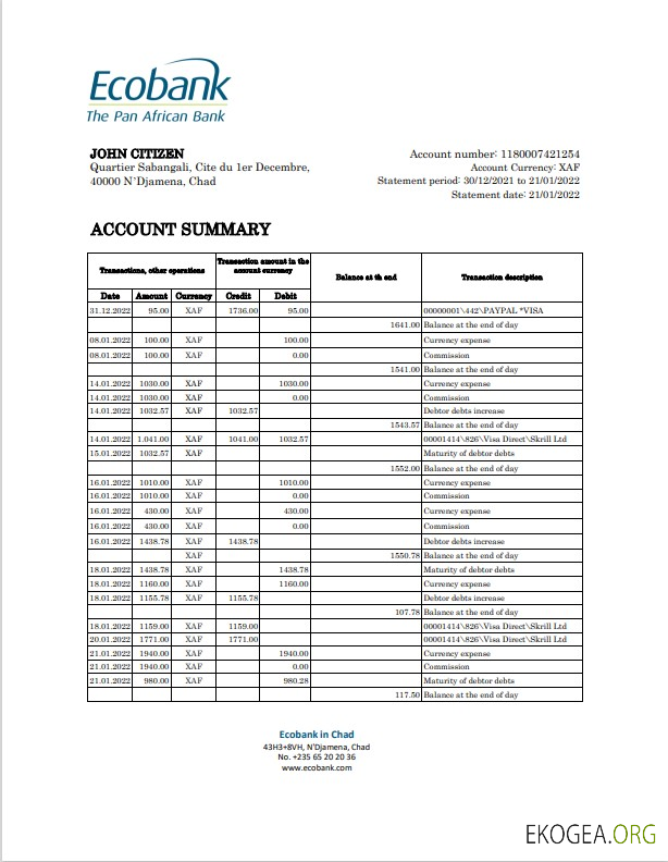Modèle Excel et PDF de relevé bancaire Tchad Ecobank, entièrement modifiable (AutoSum)